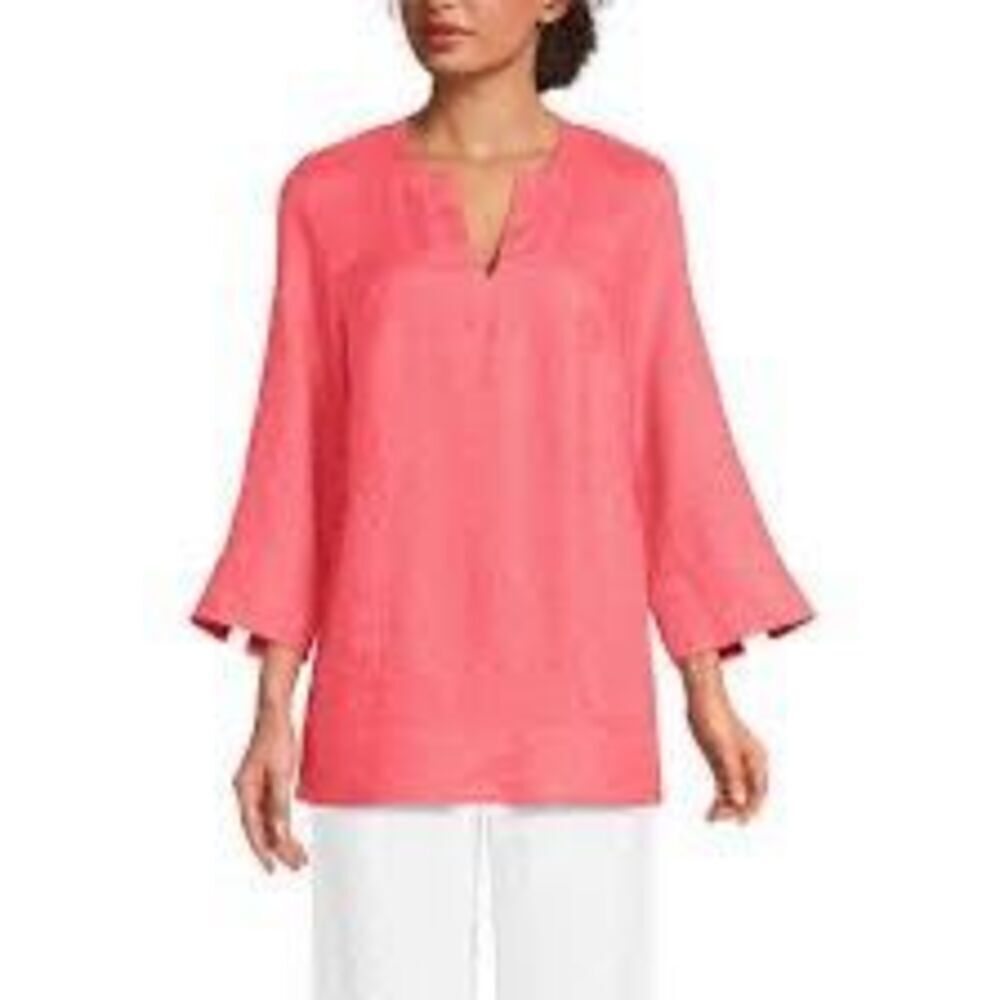 Lands End Linen Blend Top Tunic Sz 1X 3/4 Sleeve Pockets Notch Neck Red